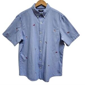Chaps Shirt Mens XL Blue Check Button Seersucker Embroidered Flag Lighthouse Vtg